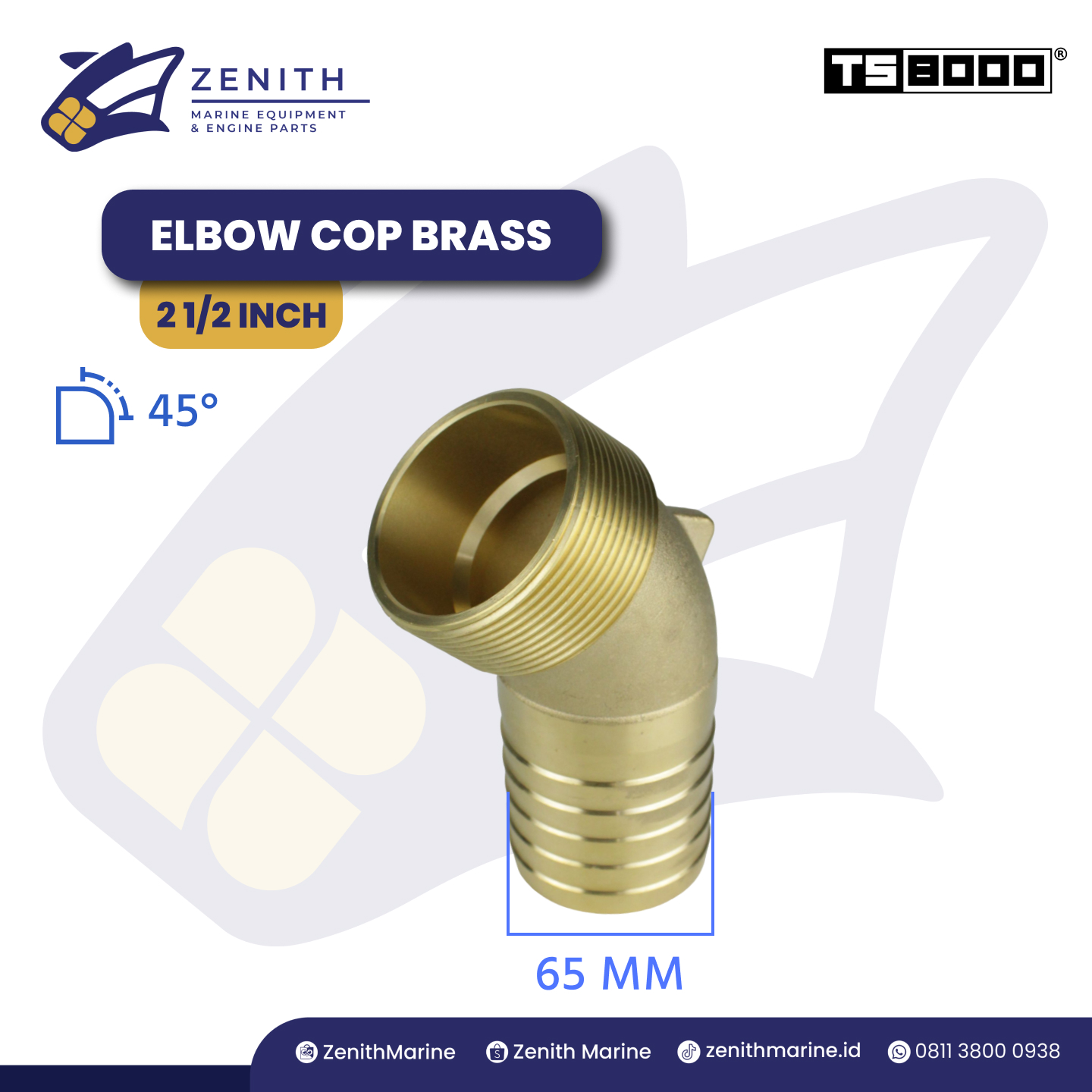 ELBOW PIPE WITH COP 45° - 2 1/2 INCH - BRASS SKU 110720 (925GR)